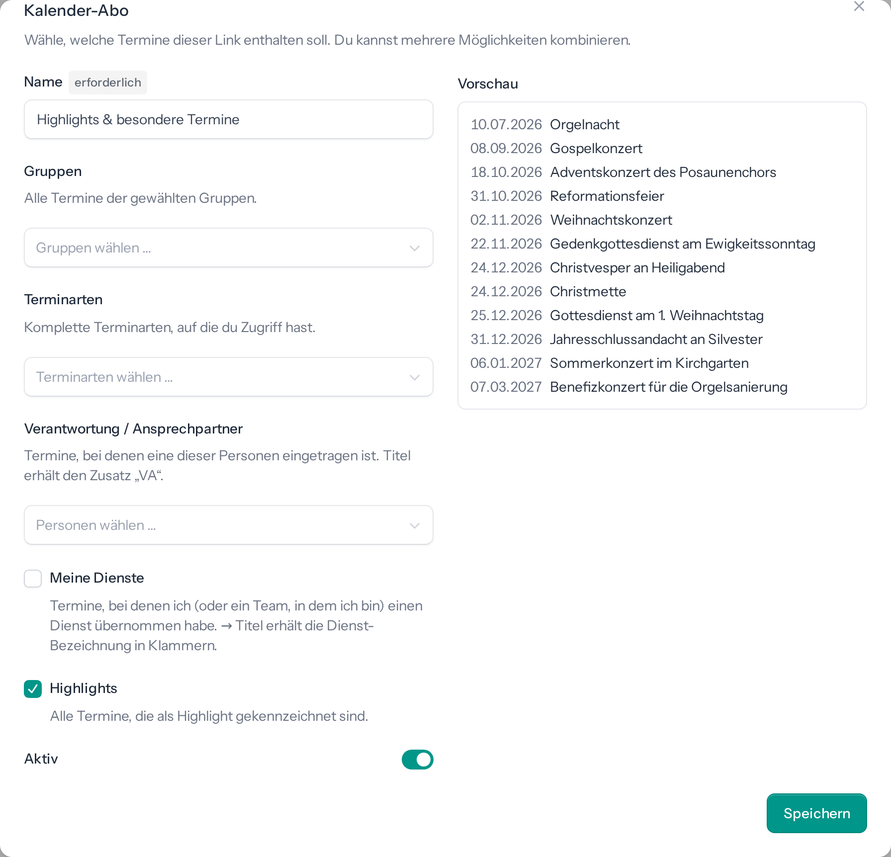 Dialog „Kalender-Abo" mit den Auswahlmöglichkeiten und der Live-Vorschau der nächsten Termine